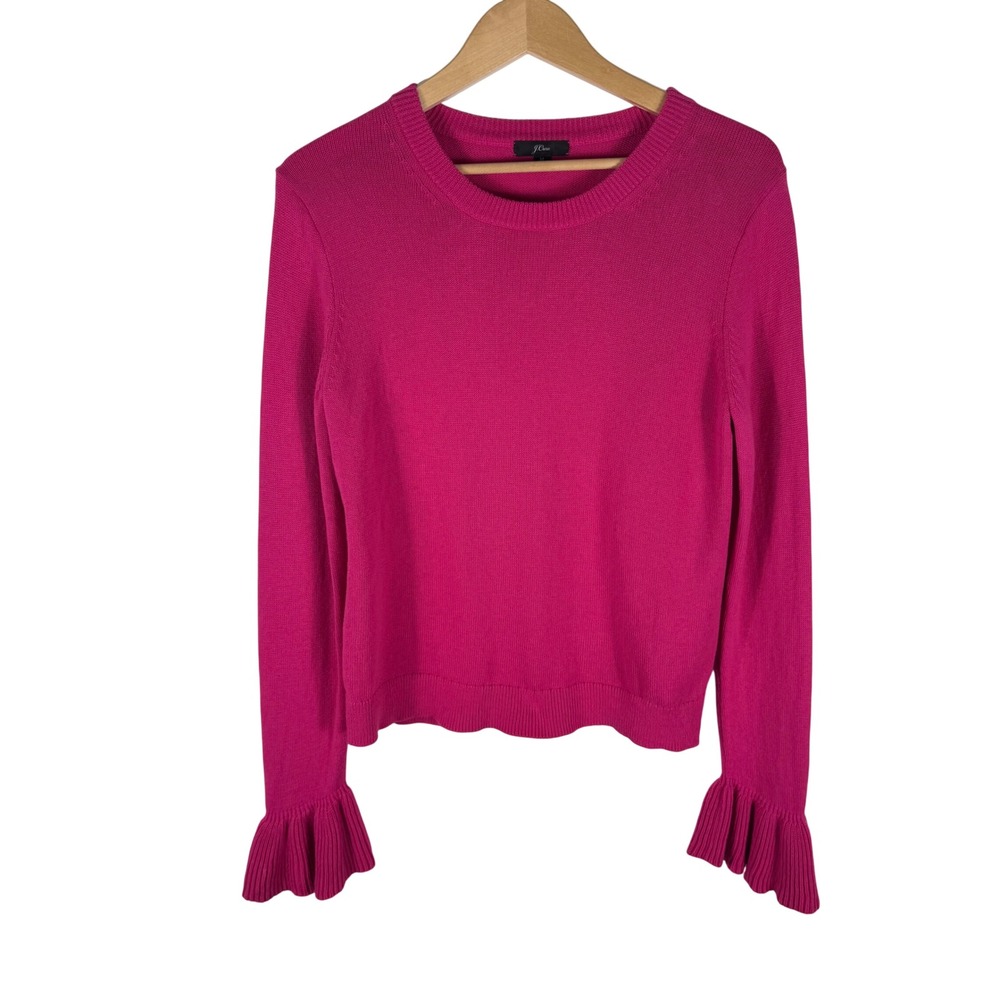 J.Crew Cotton Ruffle Cuff Crew Neck Knit Sweater Womens M Hot Pink Barbie